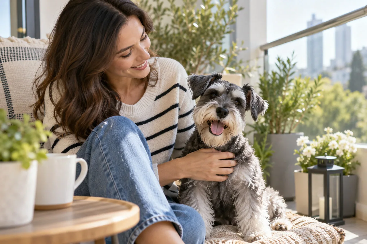 Owner sitting beside a small dog on a bright patio