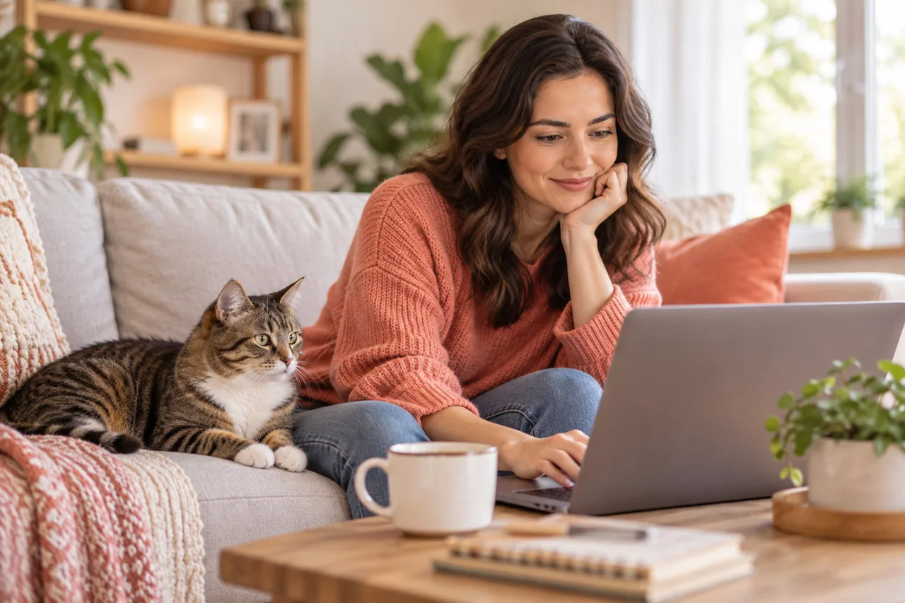 Owner reviewing a laptop beside a resting cat